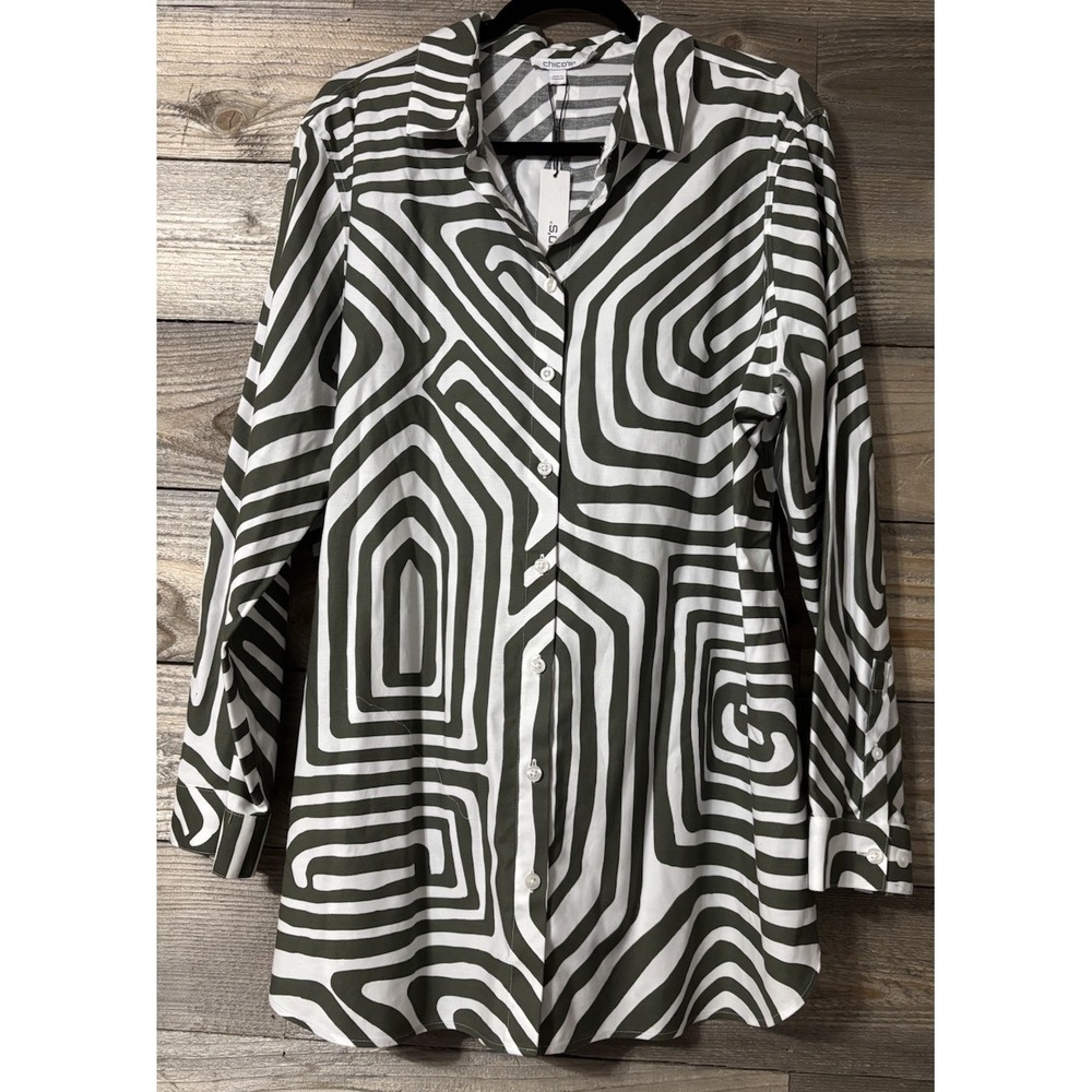 NWT Chico's Shirt No Iron Stretch Nile Ripples Tunic Sleeve Olive White  Size 20